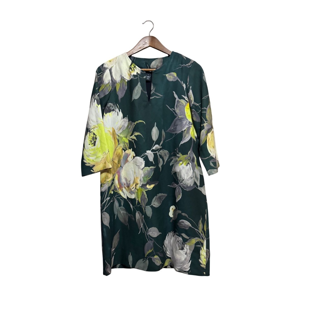 Karen Kane Floral Shift Dress Womens Small Green Yellow 3/4 Sleeve Excellent